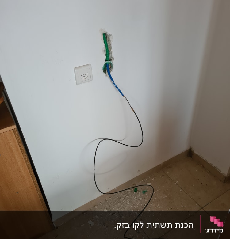 חוטי חשמל יוצאים מקיר עם שקע חשמלי